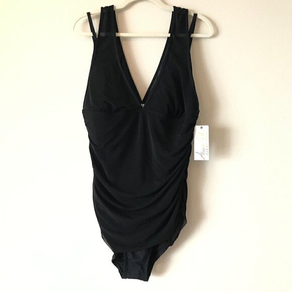 NWT Anne Cole V-Neck One Piece Ruched Swimsuit Size 16 - Picture 2 of 11